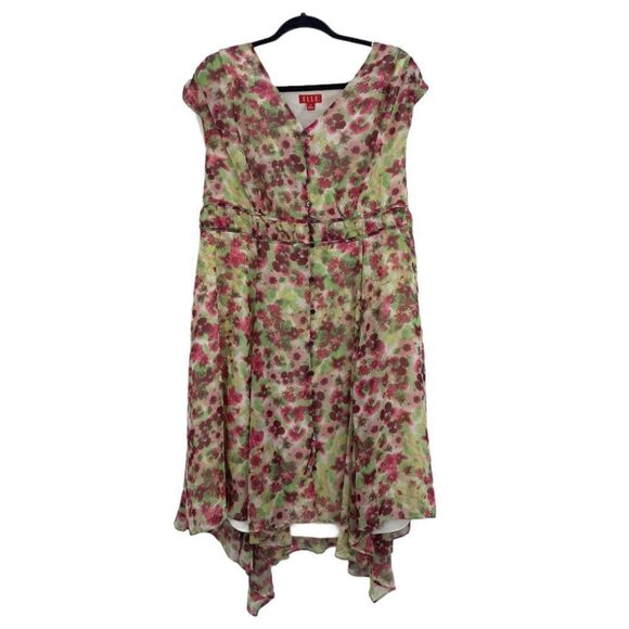 Elle Cottagecore Boho Peasant SharkBite Hem Floral Midi Dress Green Pink Sz 1X - Picture 2 of 10